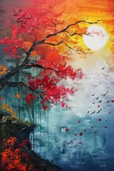 A vibrant autumn landscape featuring a tree with red leaves, a glowing sun, and a serene water scene.
