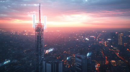 A city's high-speed internet network is shown, with a white tower sending out wireless signals. This represents the 5G technology that provides fast internet access.