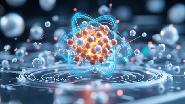 A modern representation of an atom with colorful electrons and protons, illustrating the complexity of atomic structure.