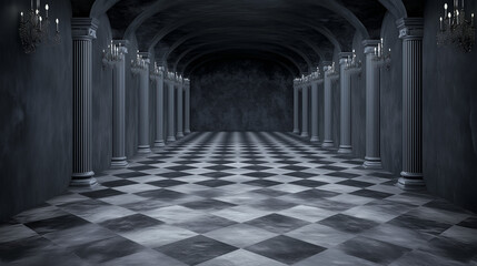 Grand Hallway with Pillars and Checkered Floor in Monochrome Design
