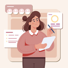 Smart girl in beige colours, holding an ipad / tablet, with a computer windows style background, illustration for work presentations, teamwork.