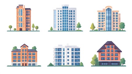 Obraz premium Collection of six modern apartment buildings with trees in front