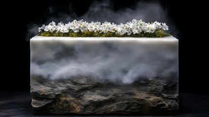 Artistic Block of Stone with Flowers and Smoke on Dark Background