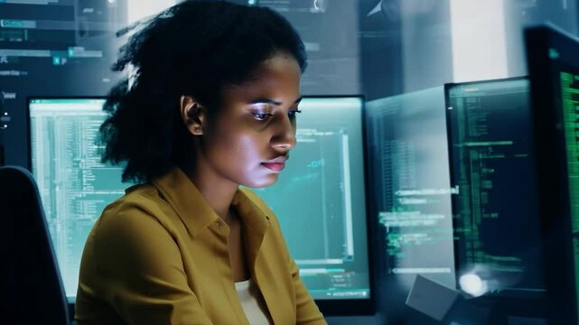 Focused woman working on multiple computer screens with coding and data. Cybersecurity and software development concept