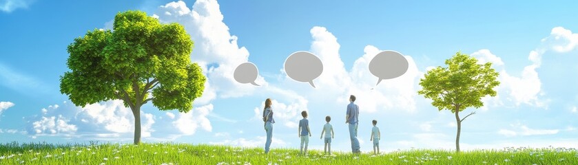 Obraz premium Family standing in green field with trees and clouds.