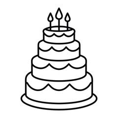 Tiered birthday cake with candles line icon. Kid coloring page