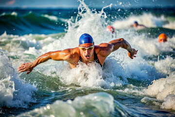 Swimmer jumping into the water. Generative AI