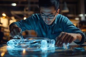 Man in glasses focused on car design at table, working on hood and tires with precision