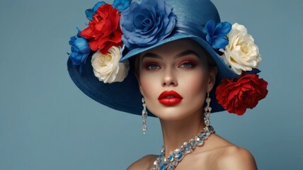 Naklejka premium Fashion model posing wearing blue hat with flowers and jewelry