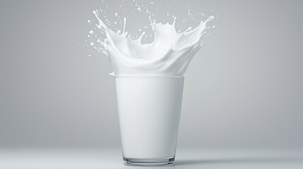Glass of milk with dramatic splash on white background
