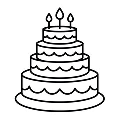 Tiered birthday cake with candles line icon. Kid coloring page