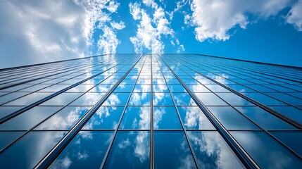 A Glass Facade Reflecting a Blue Sky and Fluffy White Clouds