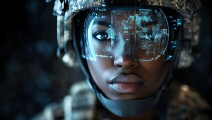 portrait of black woman soldier in camouflage helmet, with digital AR interface overlay displaying military maps and futuristic holographic data