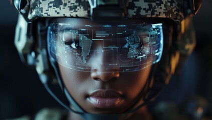 close-up of black woman soldier in camouflage helmet, with digital AR interface overlay displaying military maps and futuristic holographic data