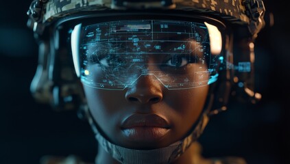 close-up photo of black woman soldier in camouflage helmet, with digital AR interface overlay displaying military maps and futuristic holographic data