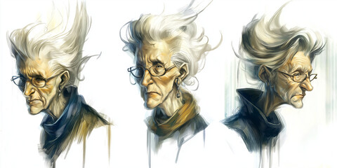 Elderly man with white hair and glasses, three portrait angles