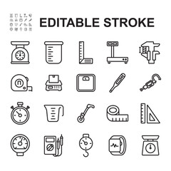Collection of measuring instruments. Thin line vector. Contains icons such as body scale, body temperature gauge, pressure gauge.