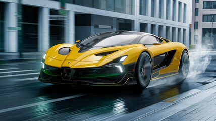 Futuristic Yellow Supercar Racing Through Urban Streets