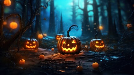 Halloween Jack-O-Lanterns in a Spooky Forest