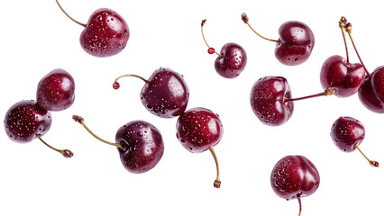 Cherries floating in the air, isolated on transparent background