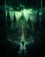 Image of a green cyberpunk city, a high-tech city.