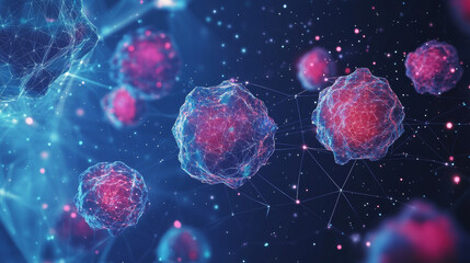 A digital illustration of cancer cells, designed with a starry sky look.  It uses geometric shapes and lines to create a futuristic image.low poly vector illustration.