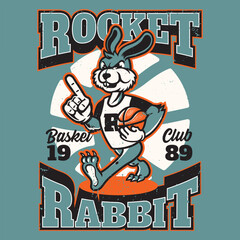 Vintage cartoon walking rabbit holding ball mascot character design for logo or poster