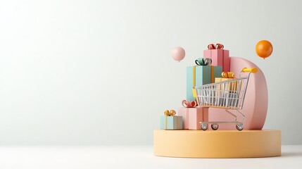 Fototapeta premium Colorful shopping cart with gifts on a pastel background, perfect for holiday marketing and e-commerce visuals.