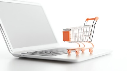 An imaginative representation of online shopping with a shopping cart on a laptop, symbolizing e-commerce and digital convenience.