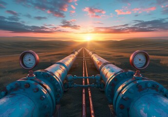Two pipes with gauges on them in a field. AI.