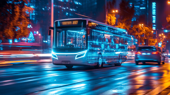 A driverless smart bus and car move through the city at night.The bus uses technology to see the road and drive without a human driver.It can identify signs, lane lines, and people crossing the street
