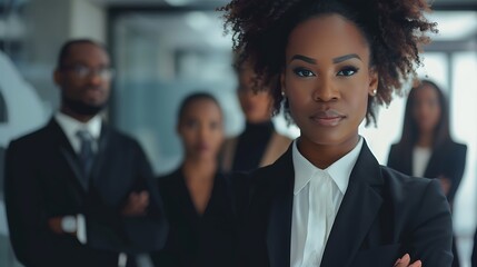 Confident black businesswoman with an African American team in the background, in a professional setting with a portrait shot against a plain background
