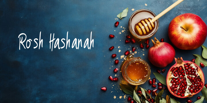 Rosh Hashanah Celebration: Apples, Honey, and Pomegranates with 'L'Shanah Tovah' Typography on a Festive Table