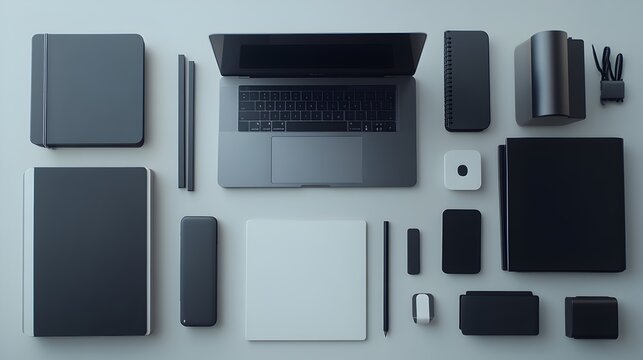 Neatly Arranged Collection of Contemporary Black and Gray Office Equipment and Accessories Laid Out on a Flat Surface,Showcasing a Minimalist and Productive Workspace Design.