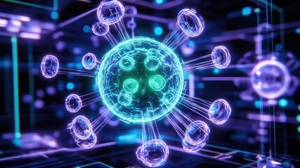 Abstract illustration of a virus with glowing particles in a futuristic digital environment, highlighting microbiology concepts.