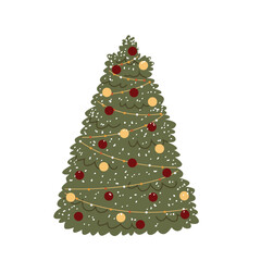 Vector festive Christmas tree isolated on a white background. Winter holiday decorated pine.