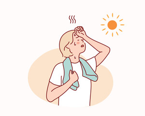 girl thirsty from heat of the summer sun. girl feels so thirsty because of hot weather. Hand drawn style vector design illustrations.