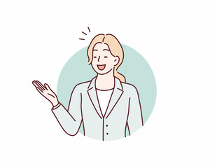 material of a woman in a suit who guides with a smile. Hand drawn style vector design illustrations.