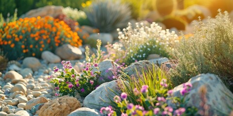 Beautiful xeriscape garden with diverse flowering plants and ornamental rocks