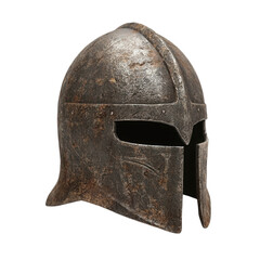 A weathered metal helmet, likely from ancient warfare, showcasing historical craftsmanship.
