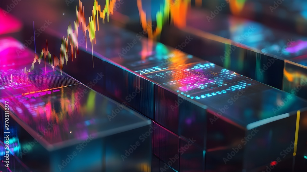 Poster an abstract and futuristic digital visualization of financial data and market analytics,featuring a 