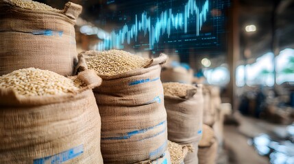 Obraz premium A photograph showcasing a stack of traditional burlap rice sacks in a warehouse or marketplace setting. The sacks are piled high,creating a textured and rustic visual display.