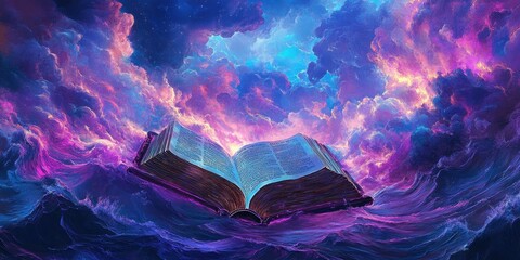 Floating bible broken sky neon waves