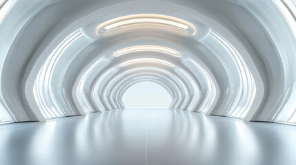 Obraz premium A futuristic hall with a round, geometric arch ceiling. The scene is a 3D rendering showing a complete, panoramic view.360 degree-view