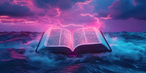 Floating bible broken sky neon waves