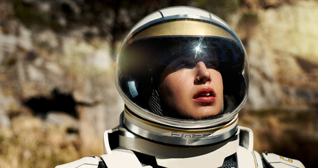 Nature, future and astronaut thinking outdoor on planet earth for exploration, adventure or travel....