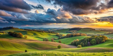 Obraz premium Rolling hills under a cloudy sky at twilight, creating a serene and peaceful landscape