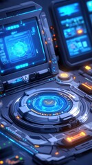 Futuristic control panel featuring vibrant blue lights and advanced technology, ideal for sci-fi or tech-themed projects.