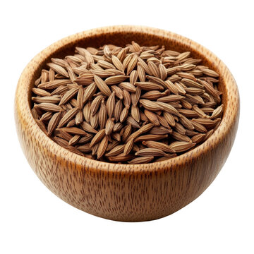 A wooden bowl filled with brown cumin seeds, commonly used as a spice in cooking.