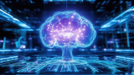 Futuristic digital brain concept showcasing neural networks and connections in a vibrant blue space.